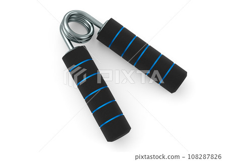 Iron hand expander or resistance band with rubber handle isolated on white. Iron hand expander or resistance band with rubber handle isolated on white. 108287826