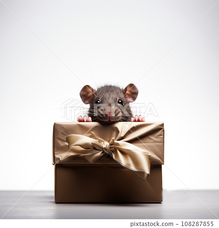 Cute mouse, rat looks out of a gift box, a pet as a gift, love for animals, for advertising pet stores 108287855