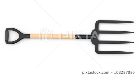 Garden pitchfork with wooden handle for harvesting hay on white background. 108287886