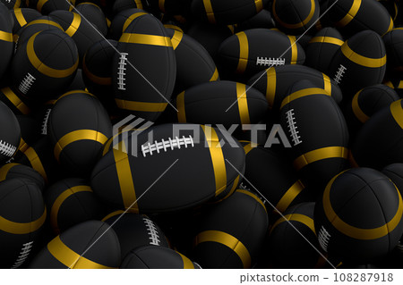 Many of flying black american football ball falling on white background 108287918
