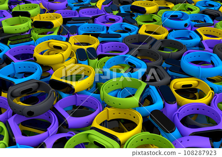 Pile of sport equipment like fitness tracker or smart watch on white background Pile of sport equipment like fitness tracker or smart watch on white background 108287923