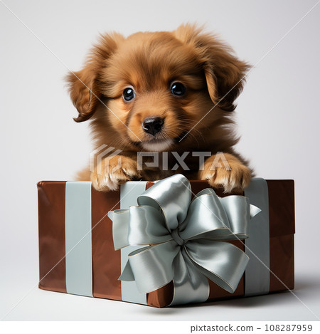 Cute puppy dog looks out of a gift box a pet. Stock Illustration 108287959 PIXTA