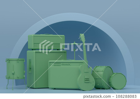 Acoustic guitars and drums with cymbals on podium on monochrome background. Acoustic guitars and drums with cymbals on podium on monochrome background. 108288083