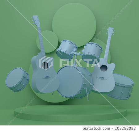 Acoustic guitars and drums with cymbals on podium on monochrome background. 108288088