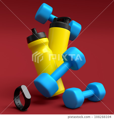 Isometric view of sport equipment like dumbbell, water bottle and yoga mat Isometric view of sport equipment like dumbbell, water bottle and yoga mat 108288104