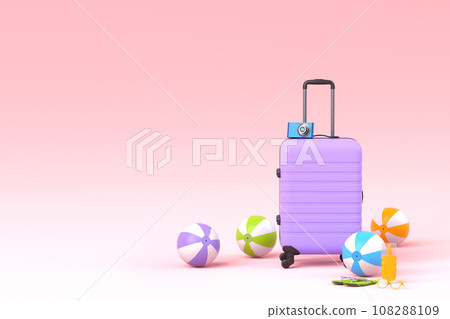 Colorful suitcase or baggage with beach accessories on pink background. Colorful suitcase or baggage with beach accessories on pink background. 108288109