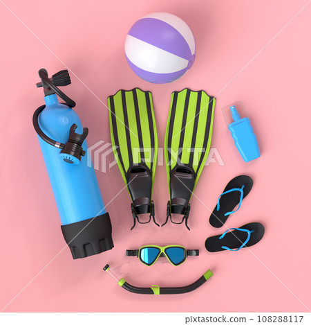 Colorful suitcase or baggage with beach accessories on pink background. Colorful suitcase or baggage with beach accessories on pink background. 108288117