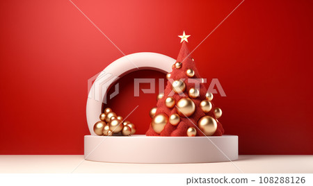 Modern Christmas tree with gifts boxes, presents and balls on a red background. 3d New year concept for greeting card Modern Christmas tree with gifts boxes, presents and balls on a red background. 3d New year concept for greeting card 108288126