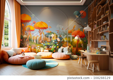 Stylish playroom interior with modern furniture, toys, games for kids 108288129