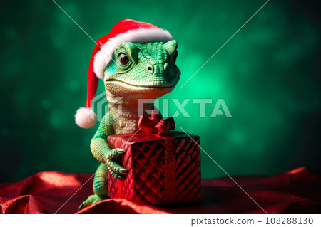 A green dragon in a Santa hat with red gift on green background. New Year's card 108288130