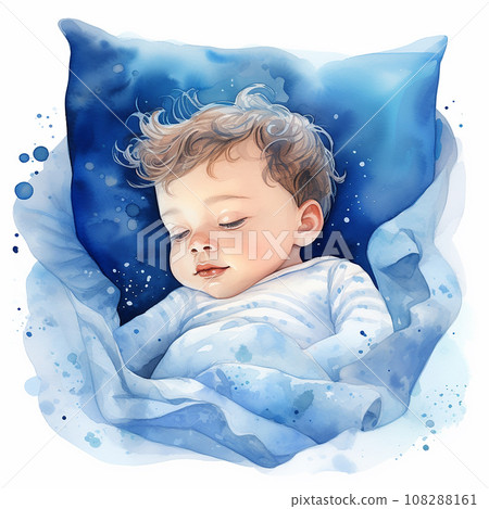 watercolor drawing of a cute baby sleeping. the boy in blue pajamas is sleeping.	 108288161