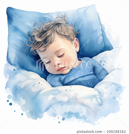 watercolor drawing of a cute baby sleeping. the boy in blue pajamas is sleeping.	 108288162