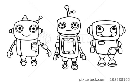 vector drawing in doodle style, set of cute robots. funny character for children, black and white line drawing. vector drawing in doodle style, set of cute robots. funny character for children, black and white line drawing. 108288163