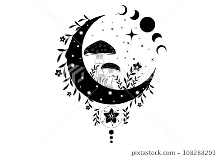 Celestial Mystical boho mushrooms, magic Amanita Muscaria with moon and stars, witchcraft symbol, witchy esoteric logo tattoo, Moon Phase, floral elements fungi, fungus. Esoteric wiccan clipart Celestial Mystical boho mushrooms, magic Amanita Muscaria with moon and stars, witchcraft symbol, witchy esoteric logo tattoo, Moon Phase, floral elements fungi, fungus. Esoteric wiccan clipart 108288201