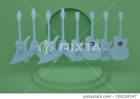 Acoustic guitars and drums with cymbals on podium on monochrome background. Acoustic guitars and drums with cymbals on podium on monochrome background. 108288347