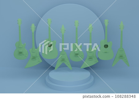Acoustic guitars and drums with cymbals on podium on monochrome background. 108288348