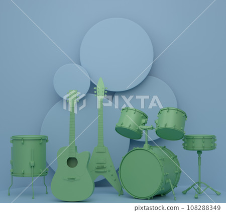 Acoustic guitars and drums with cymbals on podium on monochrome background. Acoustic guitars and drums with cymbals on podium on monochrome background. 108288349