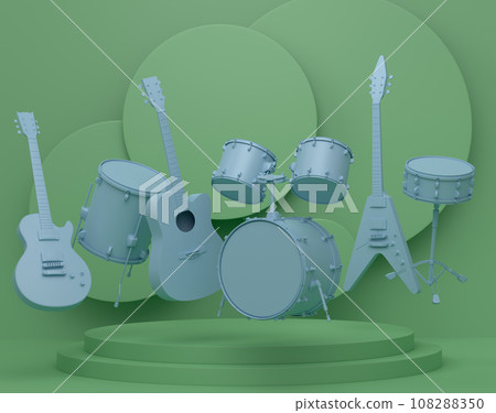 Acoustic guitars and drums with cymbals on podium on monochrome background. 108288350