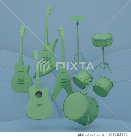 Acoustic guitars and drums with cymbals on podium on monochrome background. Acoustic guitars and drums with cymbals on podium on monochrome background. 108288351