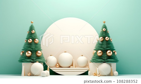 Modern Christmas tree with gifts boxes, presents and balls on a green background. 3d New year concept for greeting card 108288352