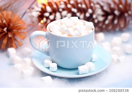 Hot cocoa with marshmallows or coffee in ceramic cup on white background. Autumn and Winter mood concept. Time for relax Hot cocoa with marshmallows or coffee in ceramic cup on white background. Autumn and Winter mood concept. Time for relax 108288536