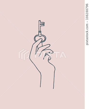 vector line drawing. silhouette of a hand with a key Isolated on a pink background. esoteric theme, cabalistic signs, symbols. female secrets, magic vector line drawing. silhouette of a hand with a key Isolated on a pink background. esoteric theme, cabalistic signs, symbols. female secrets, magic 108288796