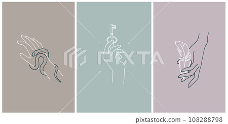 set of cards with symbols of ezotrika, mysticism, female secrets. female hands with key, feather and snake. minimalistic vintage design. body care, beauty services. set of cards with symbols of ezotrika, mysticism, female secrets. female hands with key, feather and snake. minimalistic vintage design. body care, beauty services. 108288798
