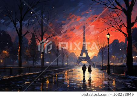 city street in a rainy night, eiffel tower, street lights reflected in the wet pavement, random people, late autumn season city street in a rainy night, eiffel tower, street lights reflected in the wet pavement, random people, late autumn season 108288949