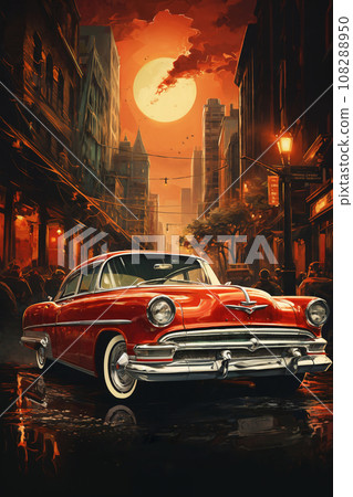 retro car in city street on a rainy night, street lights reflected in wet road, random people 108288950