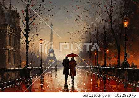 city street in a rainy night, eiffel tower, street lights reflected in the wet pavement, random people, late autumn season city street in a rainy night, eiffel tower, street lights reflected in the wet pavement, random people, late autumn season 108288970