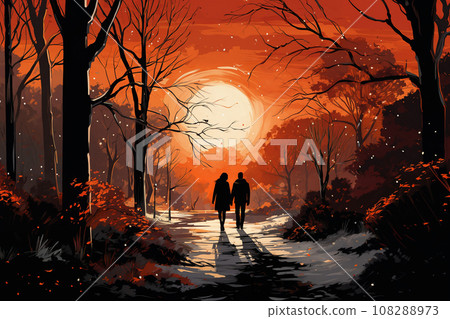 a couple walking through city park in winter, beautiful sunset, silhouettes and shadows, path covered by snow a couple walking through city park in winter, beautiful sunset, silhouettes and shadows, path covered by snow 108288973
