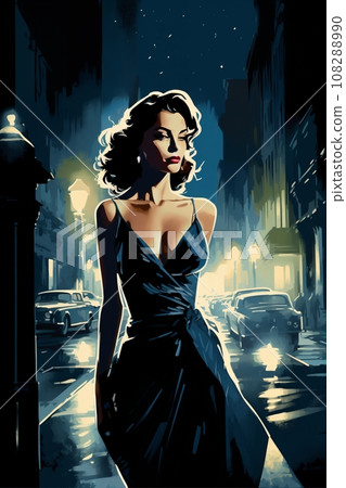 Portrait of a beautiful fashionable woman with a hairstyle, in a city street, at night. Illustration poster in the style of 1960 Portrait of a beautiful fashionable woman with a hairstyle, in a city street, at night. Illustration poster in the style of 1960 108288990