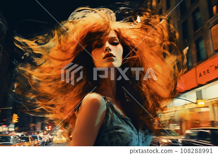 Portrait of a beautiful fashionable woman with a hairstyle, in a city street, at night. Illustration, poster in the style of 1960s 108288991