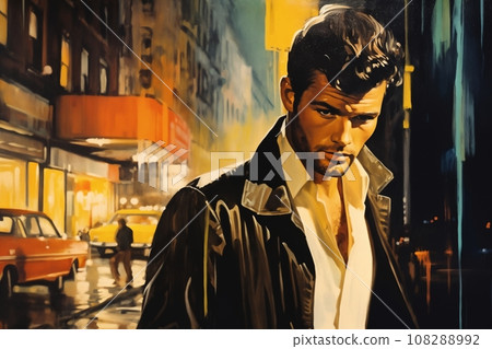 Portrait of a handsome man, in a city street, at night. Illustration poster in the style of 1960 Portrait of a handsome man, in a city street, at night. Illustration poster in the style of 1960 108288992