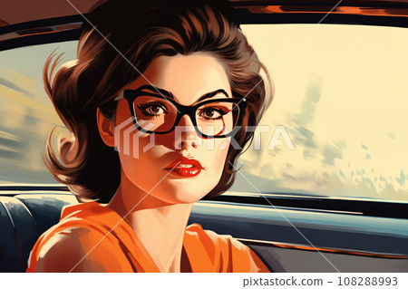Portrait of a beautiful fashionable woman with a hairstyle and sunglasses, in a car. Bright day, orange color. Illustration poster in the style of 1960 Portrait of a beautiful fashionable woman with a hairstyle and sunglasses, in a car. Bright day, orange color. Illustration poster in the style of 1960 108288993