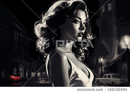 Portrait of a beautiful fashionable woman with a hairstyle, in a city street, at night, car, road and moon. Illustration poster in the style of 1960 Portrait of a beautiful fashionable woman with a hairstyle, in a city street, at night, car, road and moon. Illustration poster in the style of 1960 108288994