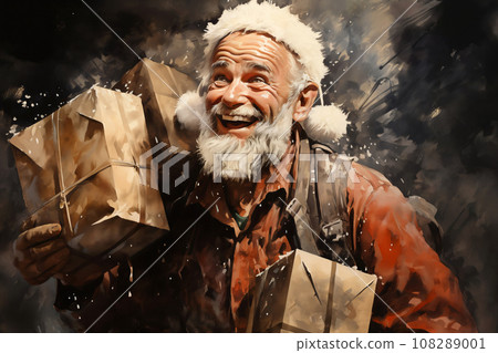 Portrait of Santa, with a lot of gifts, he is cheerful and joyful, winter, snow covered forest Portrait of Santa, with a lot of gifts, he is cheerful and joyful, winter, snow covered forest 108289001