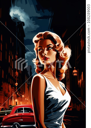 Portrait of a beautiful fashionable woman with a hairstyle, in a city street, at night. Illustration poster in the style of 1960 Portrait of a beautiful fashionable woman with a hairstyle, in a city street, at night. Illustration poster in the style of 1960 108289003