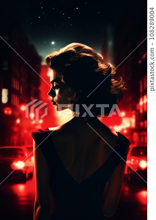 Portrait of a beautiful fashionable woman with a hairstyle, in a city street, at night, car, road and moon. Photo in the style of 1960 Portrait of a beautiful fashionable woman with a hairstyle, in a city street, at night, car, road and moon. Photo in the style of 1960 108289004