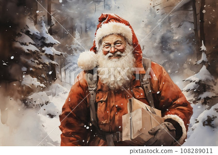 Portrait of Santa, with a lot of gifts, he is cheerful and joyful, winter, snow covered forest 108289011