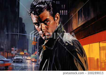 Portrait of a handsome man, in a city street, at night. Illustration poster in the style of 1960 Portrait of a handsome man, in a city street, at night. Illustration poster in the style of 1960 108289013