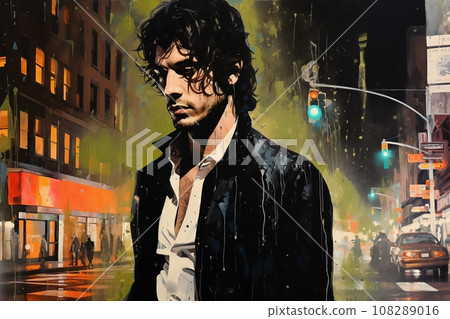 Portrait of a handsome man, in a city street, at night. Illustration poster in the style of 1960 Portrait of a handsome man, in a city street, at night. Illustration poster in the style of 1960 108289016