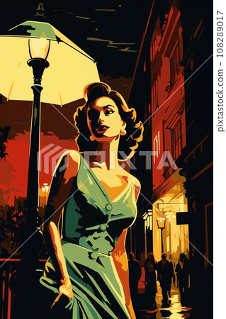 Portrait of a beautiful fashionable woman with a hairstyle, in a city street, at night. Illustration poster in the style of 1960 Portrait of a beautiful fashionable woman with a hairstyle, in a city street, at night. Illustration poster in the style of 1960 108289017