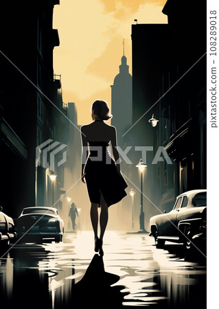 Portrait of a beautiful fashionable woman with a hairstyle, in a city street, at night. Illustration poster in the style of 1960 Portrait of a beautiful fashionable woman with a hairstyle, in a city street, at night. Illustration poster in the style of 1960 108289018