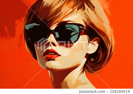 Portrait of a beautiful fashionable woman with a hairstyle and sunglasses, on a red color background. Illustrative poster in style of the 1960s Portrait of a beautiful fashionable woman with a hairstyle and sunglasses, on a red color background. Illustrative poster in style of the 1960s 108289019