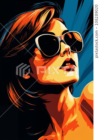 Portrait of a beautiful fashionable woman with a hairstyle and sunglasses, on a black and blue color background. Illustration, poster in style of the 1960s 108289020
