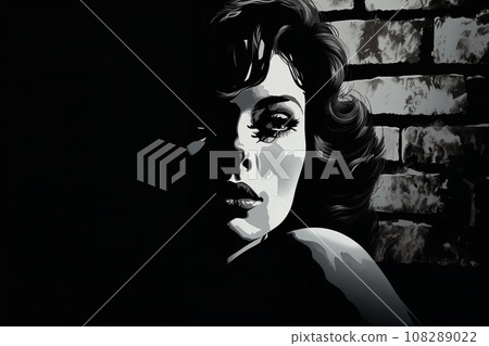 Portrait of a woman at night, near a brick wall background, dark, street. Noir. Tense mood, anxiety and fear. Illustration poster in style of 1960 Portrait of a woman at night, near a brick wall background, dark, street. Noir. Tense mood, anxiety and fear. Illustration poster in style of 1960 108289022