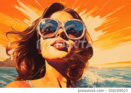 Portrait of a beautiful fashionable woman with a hairstyle and sunglasses, swims in the sea, at sunset, blue sky background. Illustration, poster in style of the 1960s 108289023