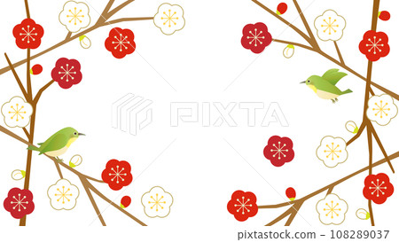 紅梅和白梅樹枝框架和小鳥插畫，長寬比16:9版本 108289037