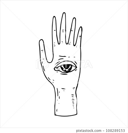 vector drawing in the style of doodle. hand with an eye, mystical symbol, witchcraft, esotericism, magic. black and white sketch in vintage style	 108289153